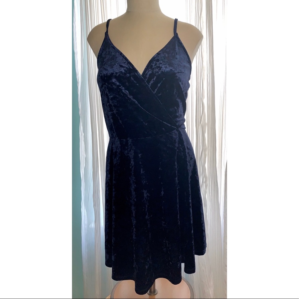 Crushed Velvet Navy Blue Wrap Dress
